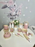 Набор детской игровой посуды розовый с белым, полный комплект, общий вид